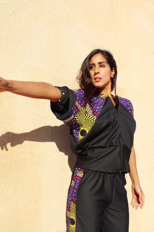 Bomber de manga 3/4 y pantalón campana con estampado lateral Wax