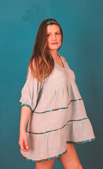 Vestido algodon manga 3/4 con detalles wax y cinta de pelo wax