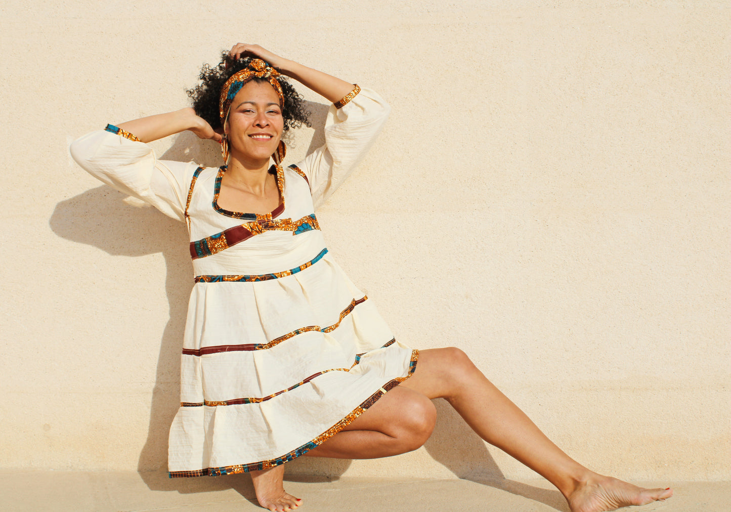 Vestido algodon manga 3/4 con detalles wax y turbante a juego