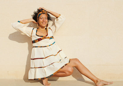 Vestido algodon manga 3/4 con detalles wax y turbante a juego