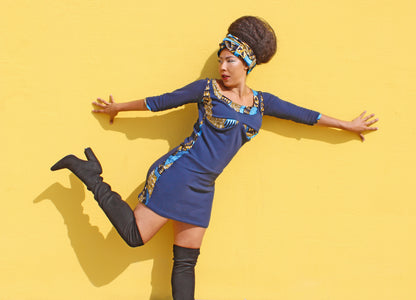 Vestido corto manga 3/4 de algodon grueso con estampado Wax 100% algodon y diadema a juego