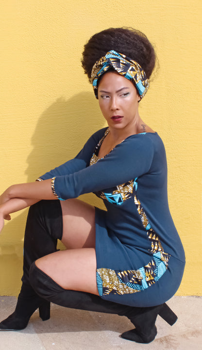 Vestido corto manga 3/4 de algodon grueso con estampado Wax 100% algodon y diadema a juego