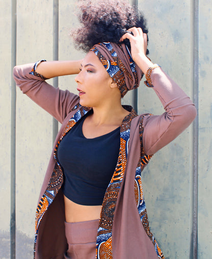 Chaqueta manga larga, leggins de tiro medio con estampado lateral y turbante a juego Wax algodon 100% de tela gruesa